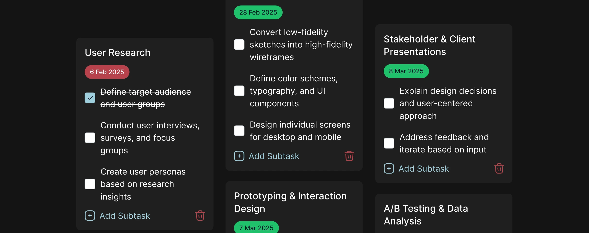 Image showing tasks and subtasks from Traclo App
